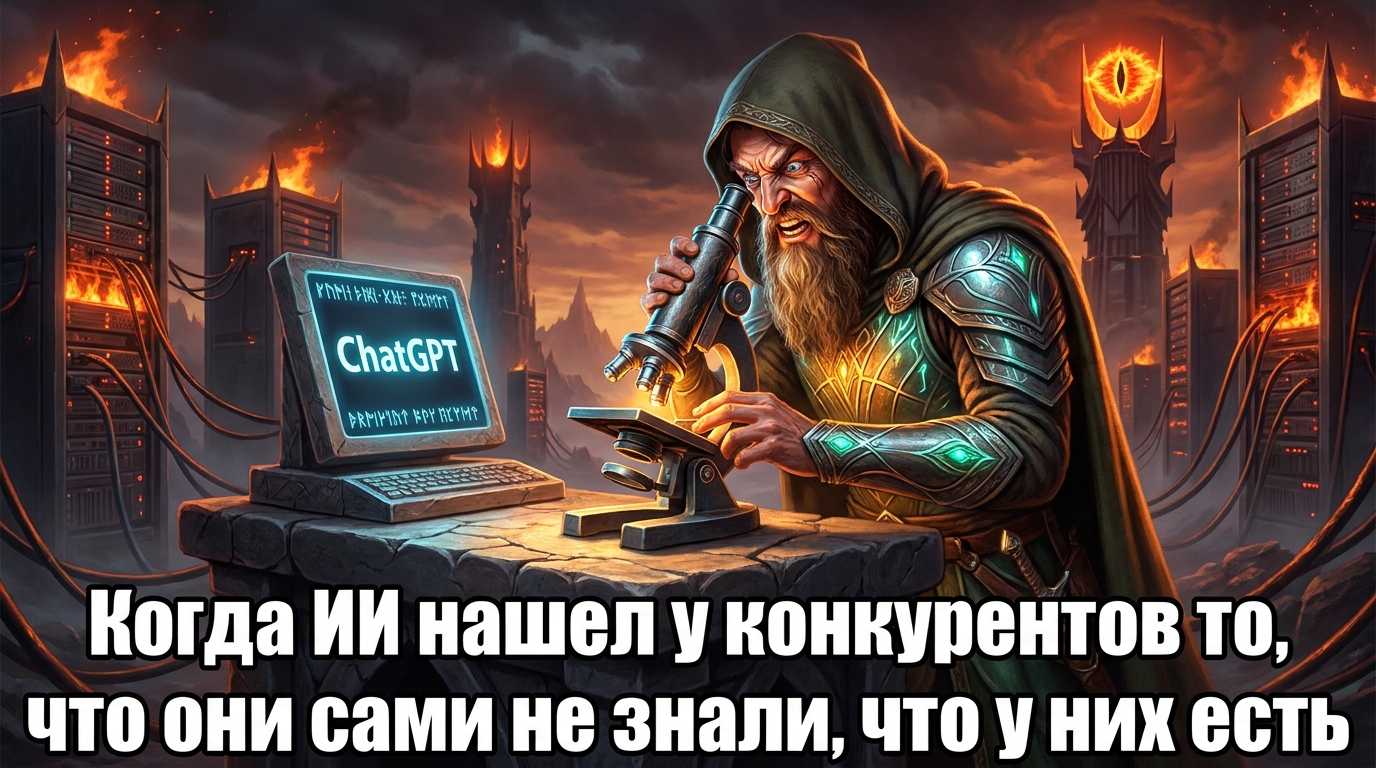 Человек с микроскопом сидит перед компьютером, на котором написано