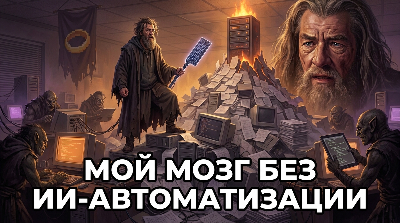 Человек в офисе смотрит на гору бумаг, подпись 