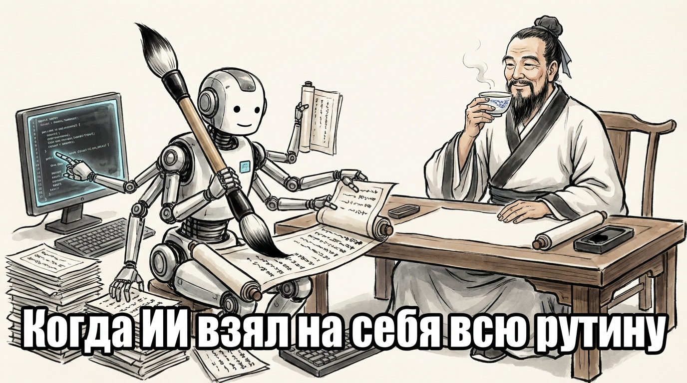 Робот-помощник с довольной улыбкой, за ним сидит человек, расслабленно пьющий чай. Надпись: