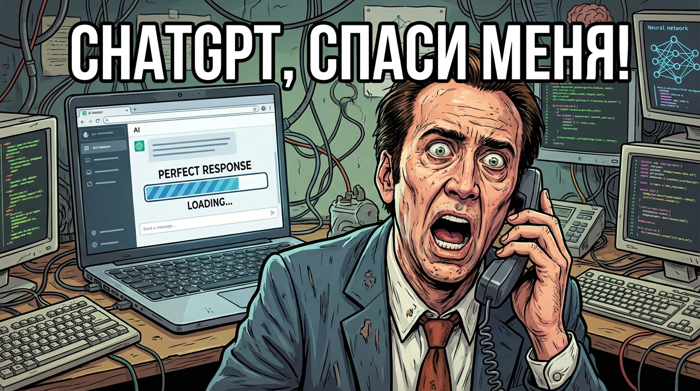 Менеджер по продажам разговаривает по телефону, на его лице паника. На экране ноутбука за его спиной ChatGPT выдает идеальный ответ на возражение. Текст на картинке: