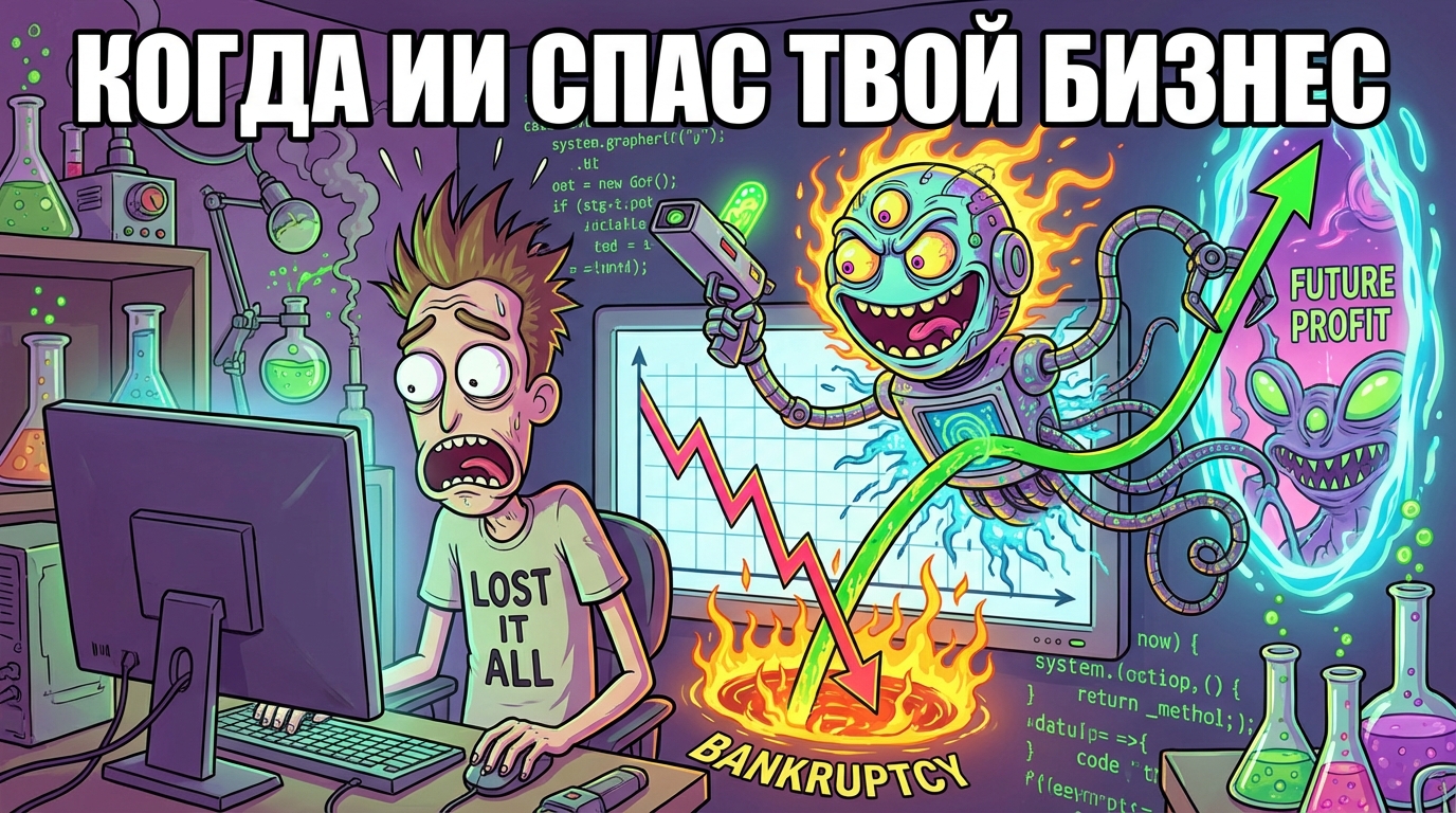 Человек смотрит на график, который резко идёт вниз, а потом ИИ поднимает его вверх. Надпись: