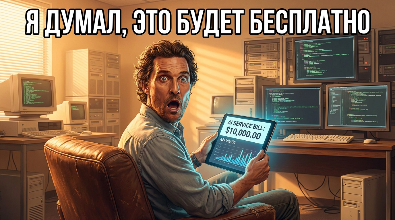 Человек смотрит на счет за AI-сервисы с открытым ртом. Надпись:
