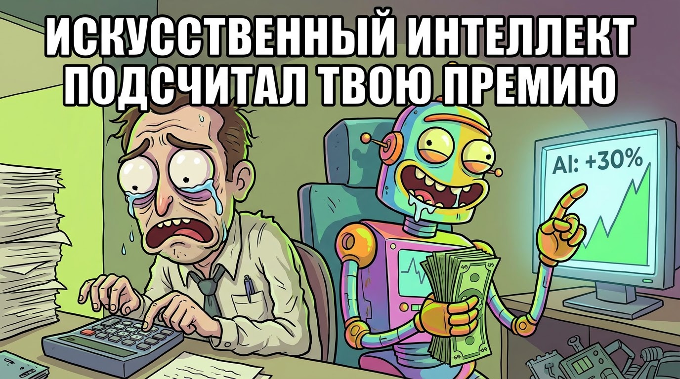 Грустный бухгалтер с калькулятором сидит за столом, а рядом стоит счастливый робот, который одной рукой держит пачку денег, а другой – показывает на экран с графиком роста прибыли. На экране написано