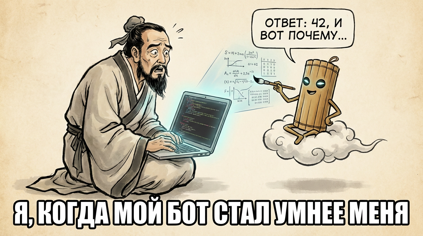 Человек смотрит на бота, который отвечает на все вопросы. Текст на картинке: 