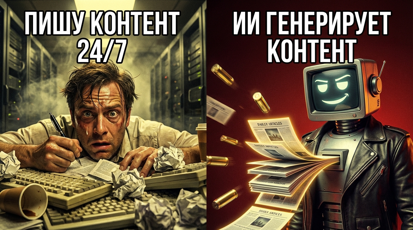 Человек с кучей бумаг сидит за столом, над ним облако с надписью 