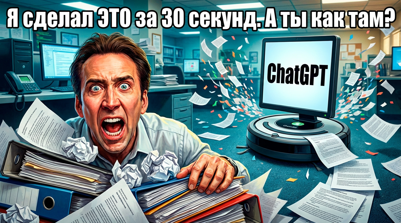 Человек с уставшим видом сидит за столом, перед ним гора бумаг, на заднем плане робот-пылесос с прикрепленным к нему монитором с надписью 