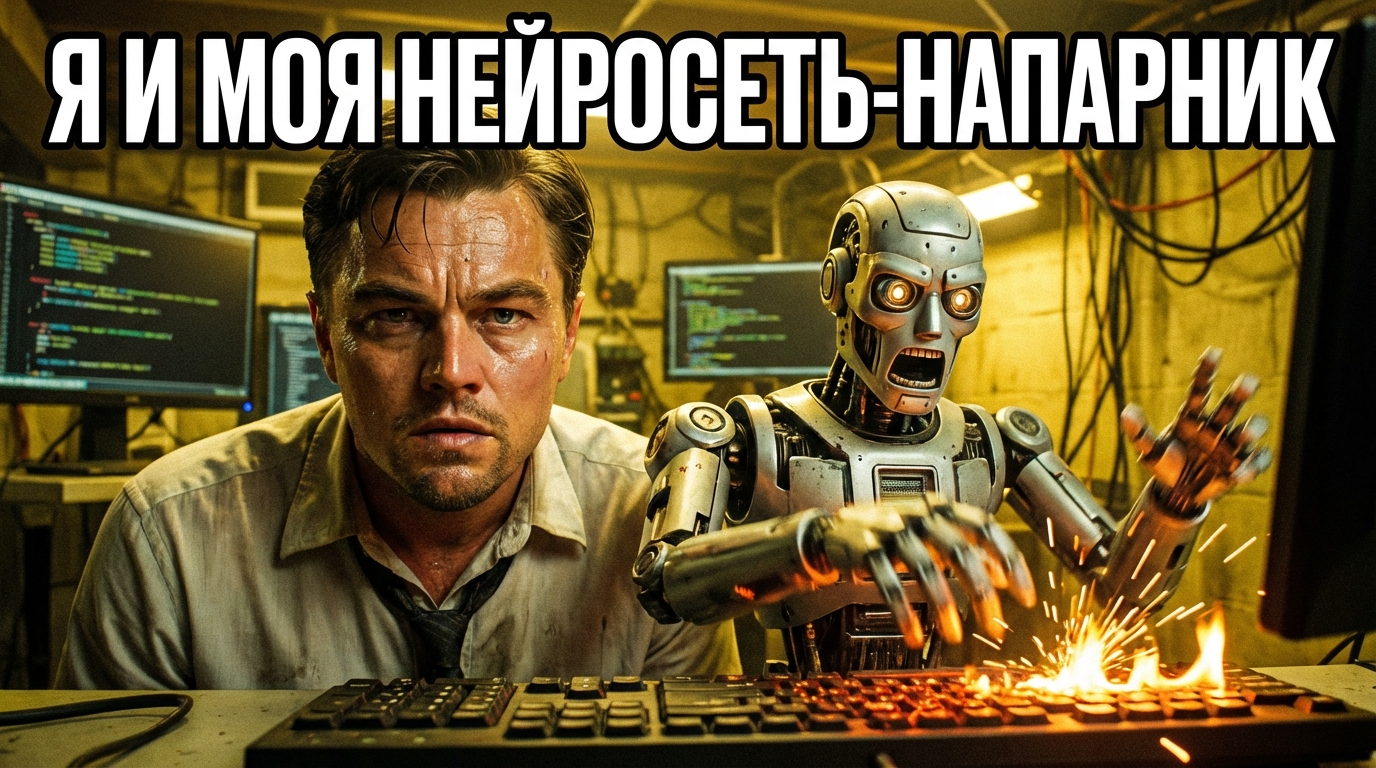 Разработчик сидит, а рядом робот пишет код очень быстро. Надпись: