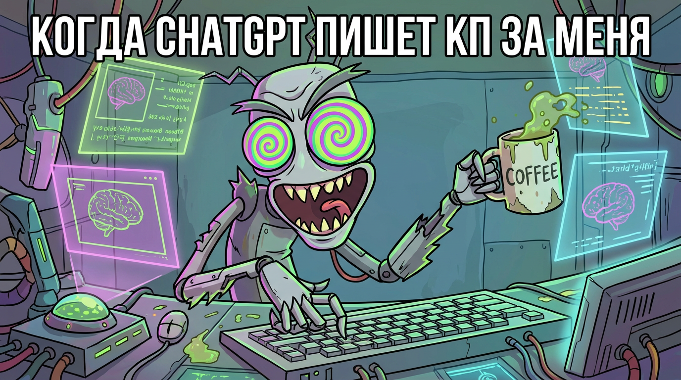 Мультяшный робот с улыбкой печатает на клавиатуре одной рукой, а другой держит кружку кофе. Надпись: 