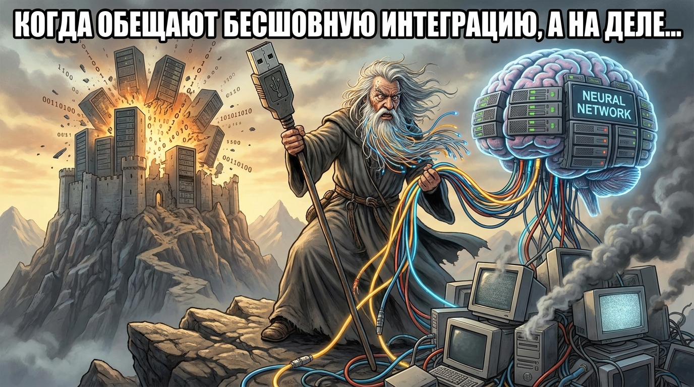 Человек пытается подключить нейросеть к своим инструментам. Надпись: 