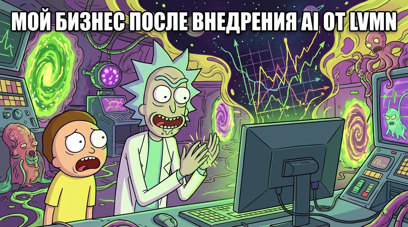 Человек смотрит на экран компьютера, где графики резко идут вверх. Он улыбается и потирает руки. Надпись:
