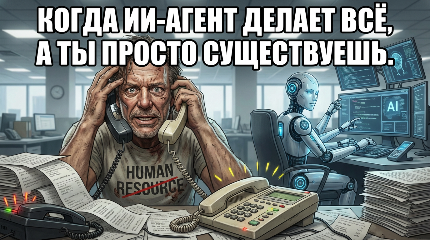 Человек в офисе держится за голову, рядом куча бумаг и звонящих телефонов. На заднем плане сидит робот, спокойно отвечающий на все запросы. Текст: