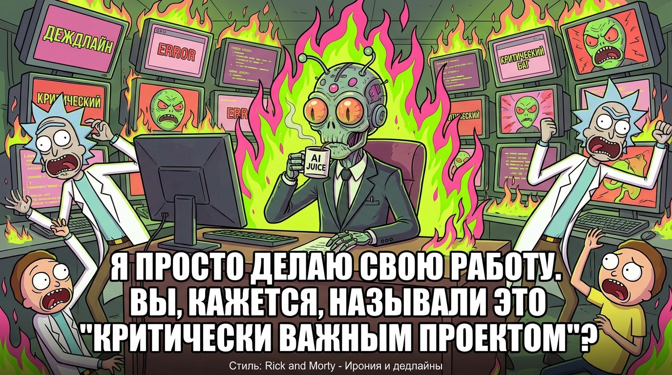 ИИ-агент в деловом костюме сидит за столом, кругом горящие дедлайны, а он спокойно пьет кофе. Текст: 