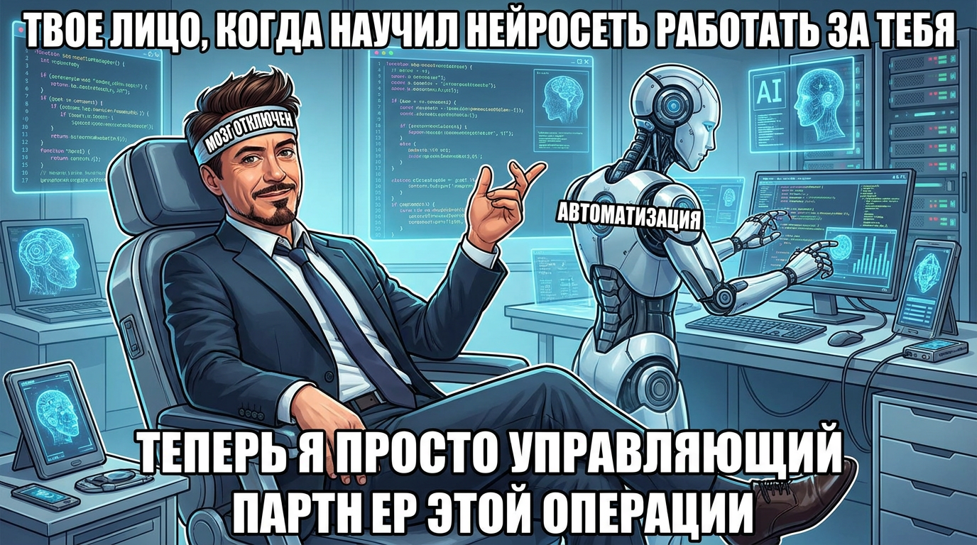 Работник сидит за столом, на котором разбросаны бумаги. Он смотрит на экран компьютера, где ИИ-бот выполняет всю работу. Надпись: "Я до ИИ-агентов / Я после ИИ-агентов"
