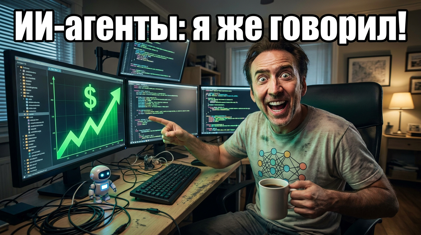 Человек смотрит на график роста прибыли, довольный. Текст на картинке: