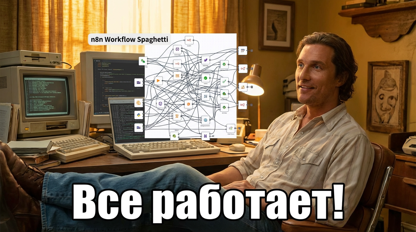 Человек смотрит на схему n8n с кучей блоков и проводов, на лице у него легкое недоумение, но под схемой надпись 