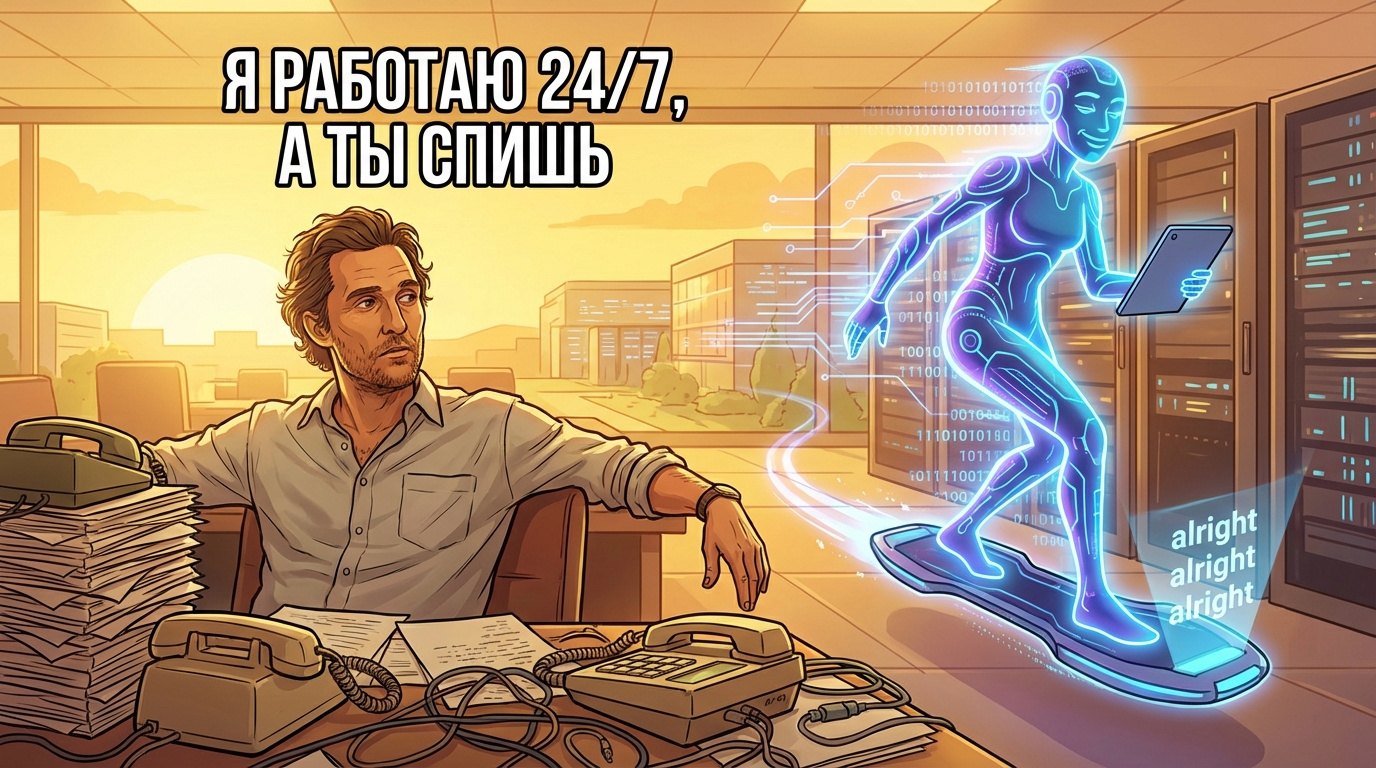 Человек с кучей бумаг и телефонов в руках, его обгоняет быстрый ИИ-ассистент с надписью
