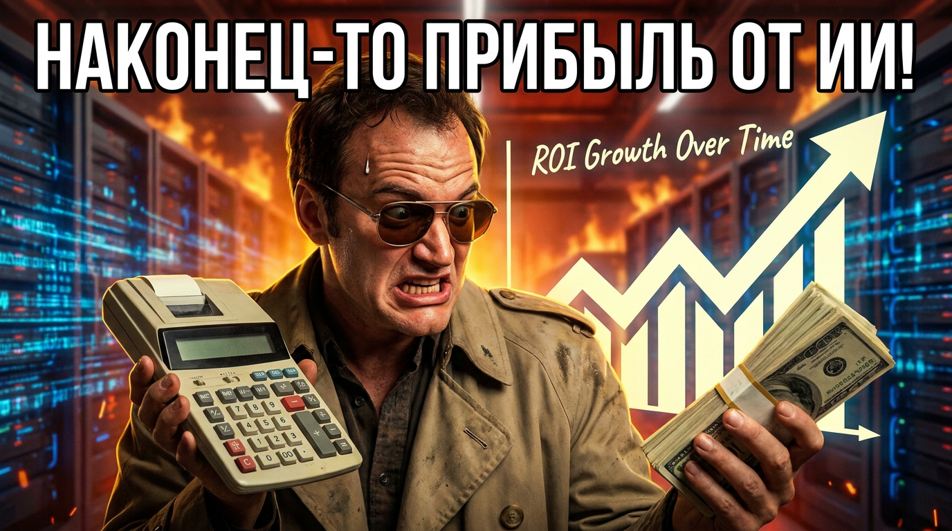 Человек с калькулятором и долларами, на фоне графика роста ROI, с надписью