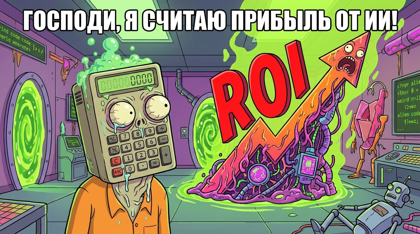 Человек с калькулятором вместо головы смотрит на график с восходящей линией, на которой написано