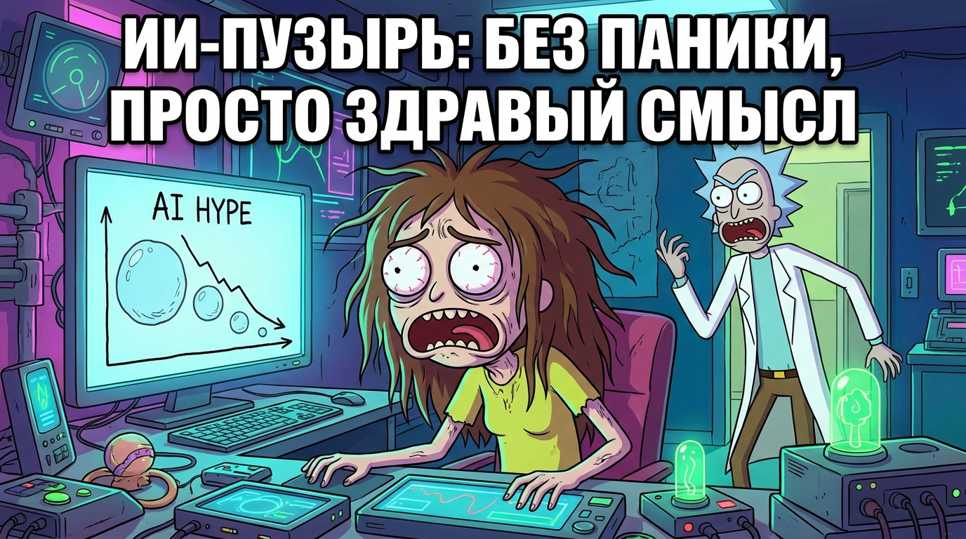 Девушка сидит за столом и смотрит на график с медленно сдувающимся пузырем. Над графиком надпись: