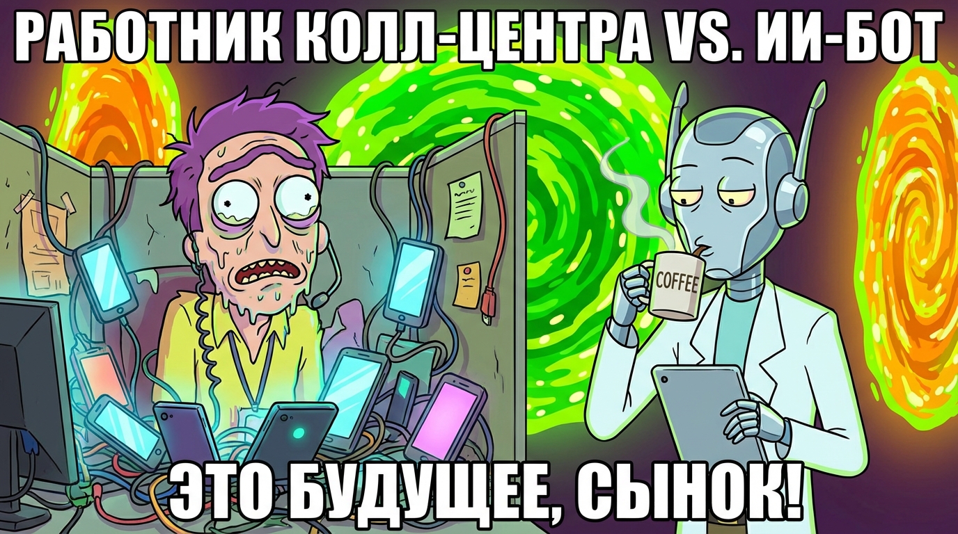 Работник колл-центра с перегруженным лицом, окруженный телефонами, а рядом ИИ-бот спокойно пьет кофе