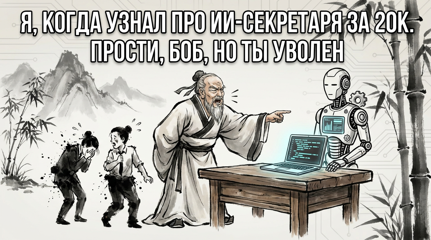 Злой босс кричит на сотрудников, а рядом стоит спокойный робот-секретарь. На картинке текст: 