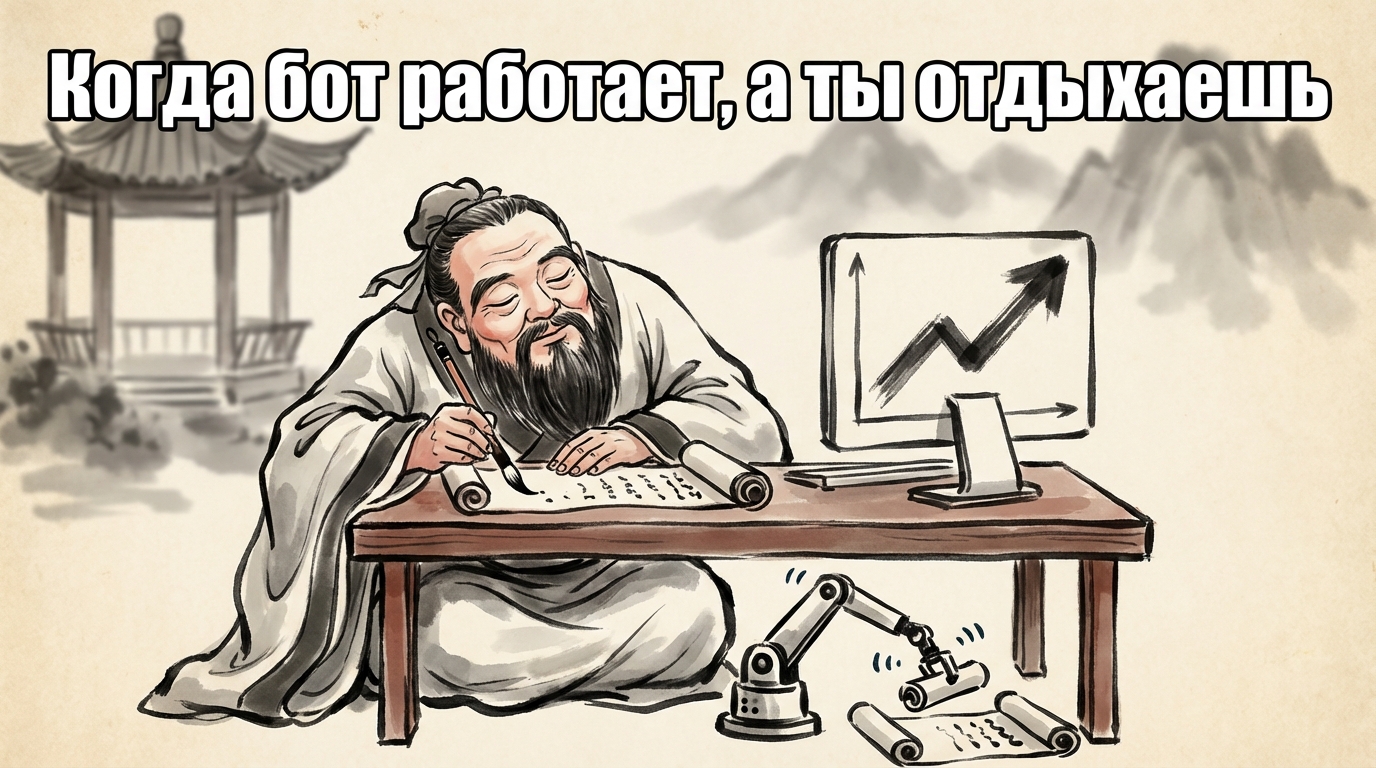 Человек в офисе спит за столом, а рядом с ним компьютер показывает график роста. Надпись: