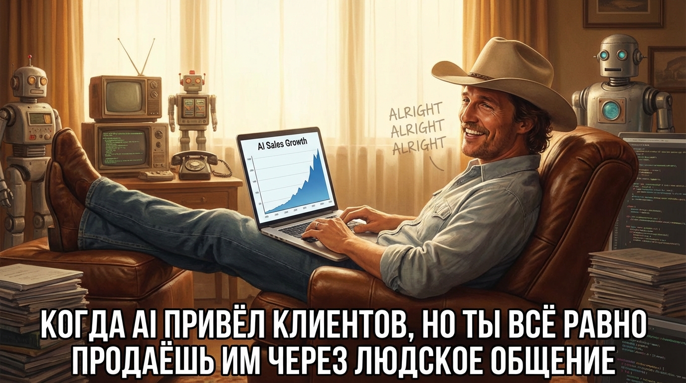 Человек с удивленным выражением лица смотрит на график продаж, который стремительно идет вверх. Текст: «Я думал, это магия, а это ИИ-агенты!»