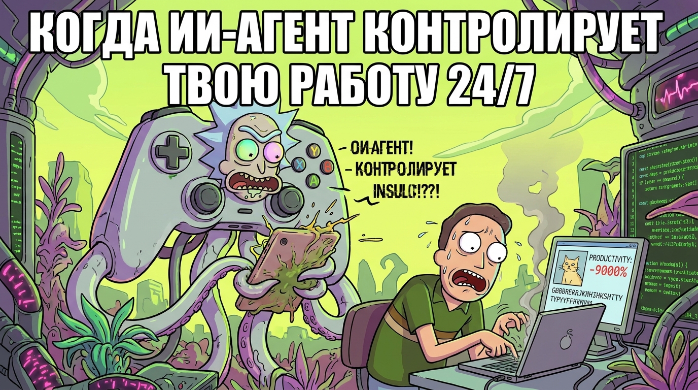 Робот-контролер с планшетом стоит над менеджером, который пытается сделать вид, что работает. Надпись: