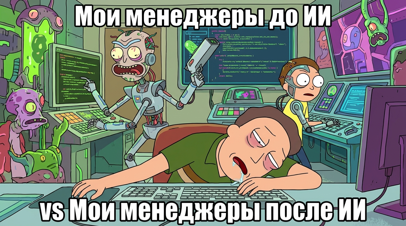 Человек в офисе спит за столом, рядом с ним стоят роботы и работают. Текст: 