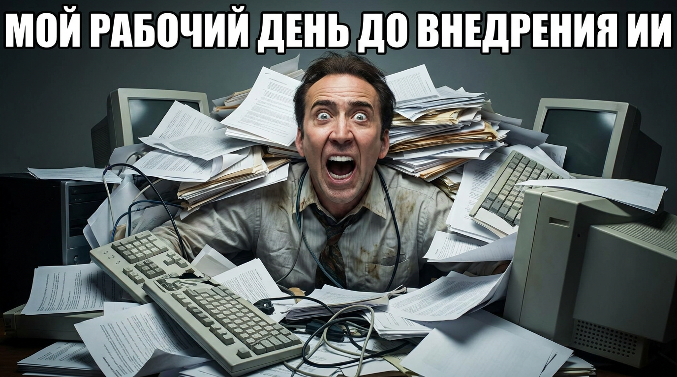 Человек смотрит на стопку бумажных документов, выражение лица ужаса. Надпись: