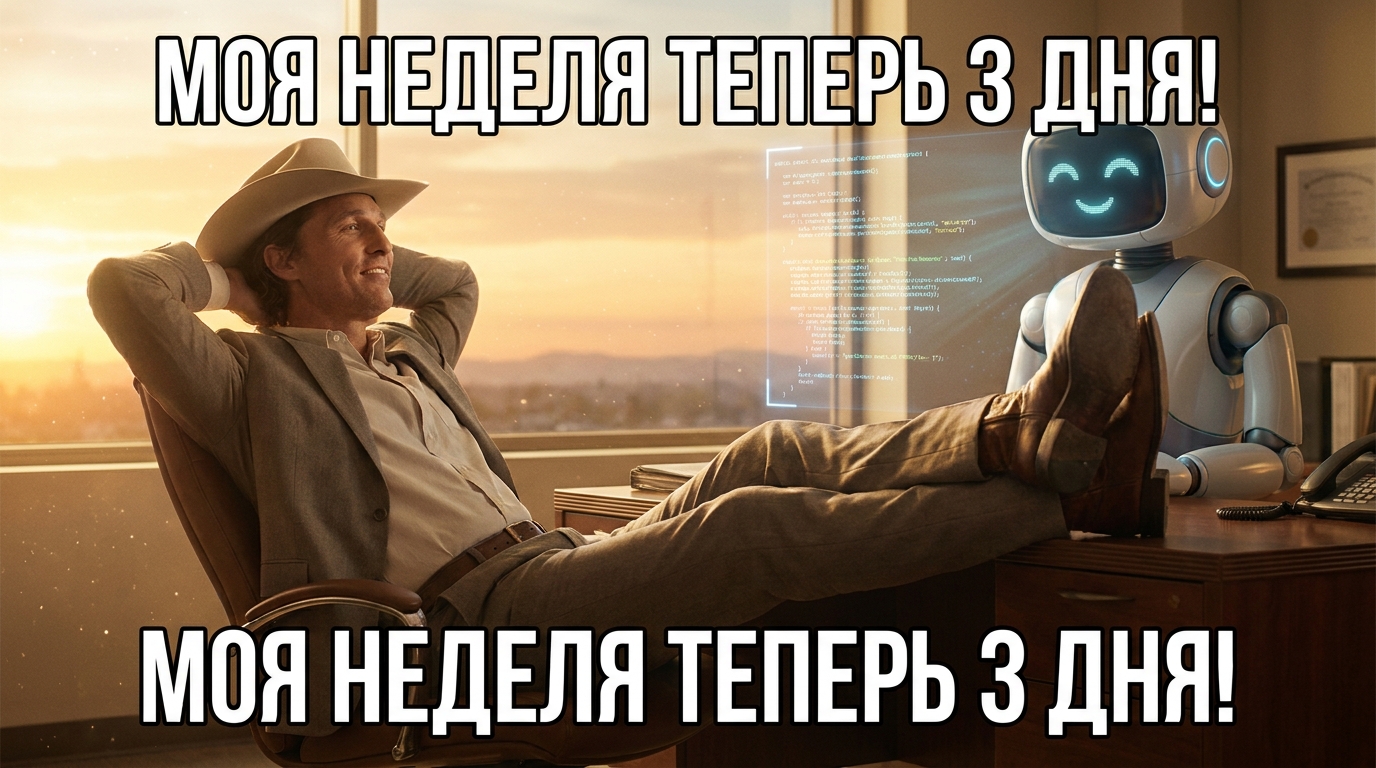 Человек в костюме HR танцует, рядом ИИ-помощник с довольным лицом, текст