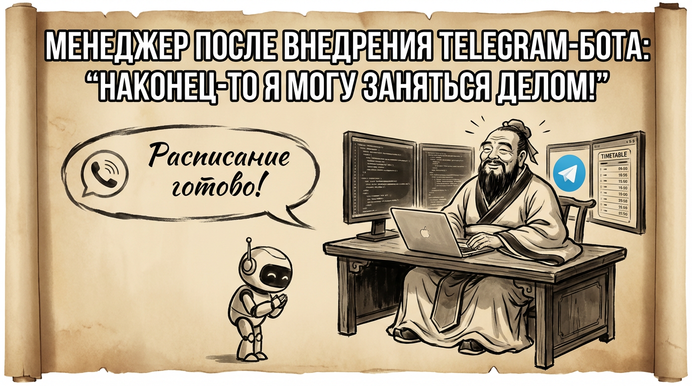 Человек смотрит на экран, где Telegram-бот выдает расписание. На лице облегчение. Подпись: