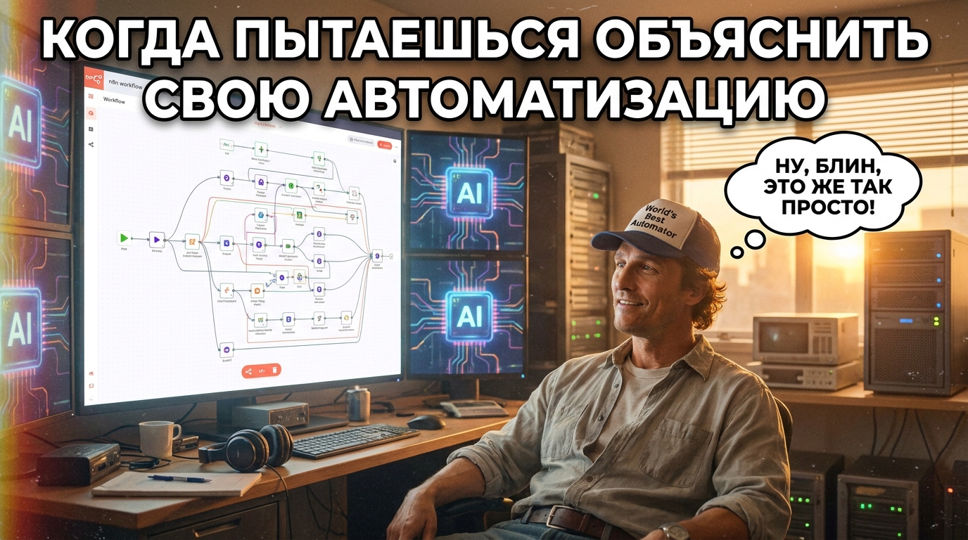 Человек смотрит на сложную схему n8n с кучей блоков и стрелок, а над головой у него мысль