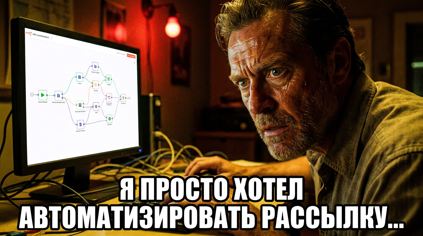 Мужчина программист сидит за компьютером, на экране n8n. Он выглядит очень сосредоточенным и уставшим. Текст: