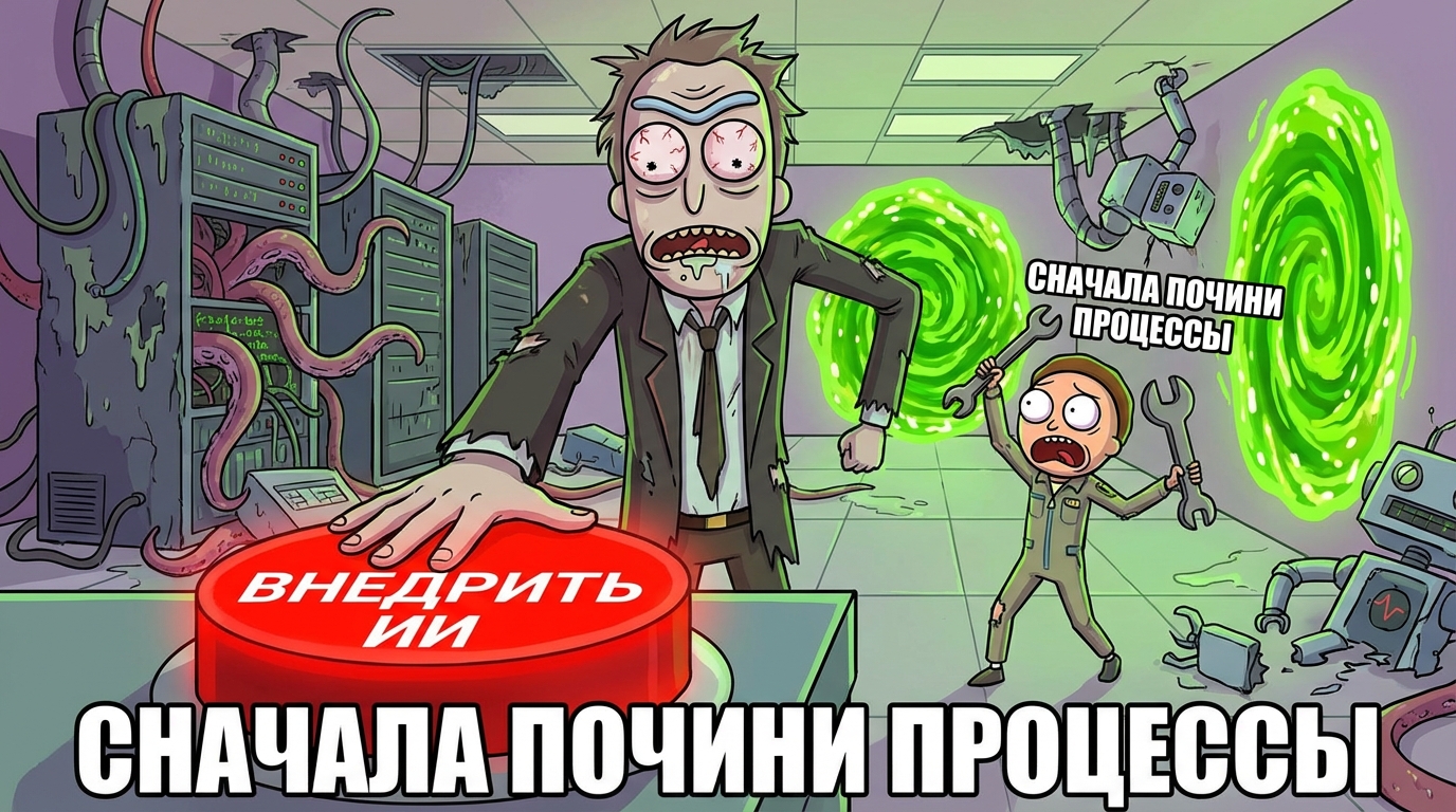Мужчина в костюме стоит перед огромной красной кнопкой с надписью 