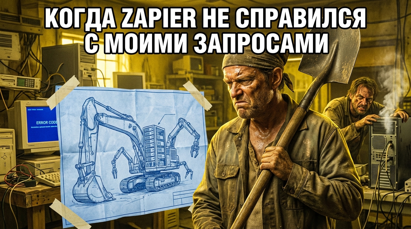 Мужик с лопатой смотрит на чертежи экскаватора, текст: "Когда Zapier не справился с моими запросами"