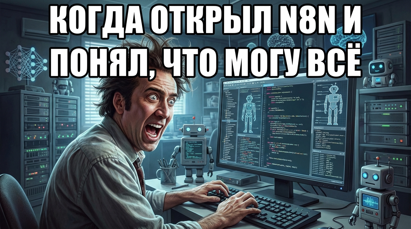 Программист с горящими глазами смотрит на код, текст: "Когда открыл n8n и понял, что могу всё"