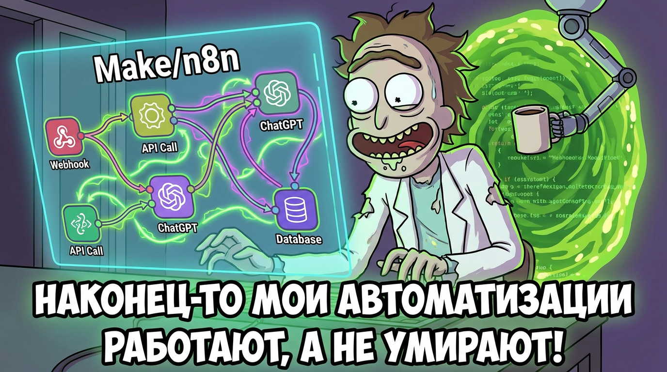 Человек смотрит на схему Make/n8n с улыбкой облегчения, текст: