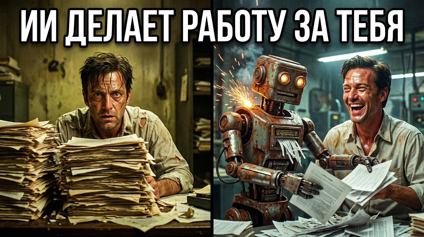 Человек в офисе. С одной стороны у него стопка бумаг и он выглядит уставшим. С другой стороны - счастливый человек рядом с роботом, который быстро перебирает бумаги. Над роботом надпись: 
