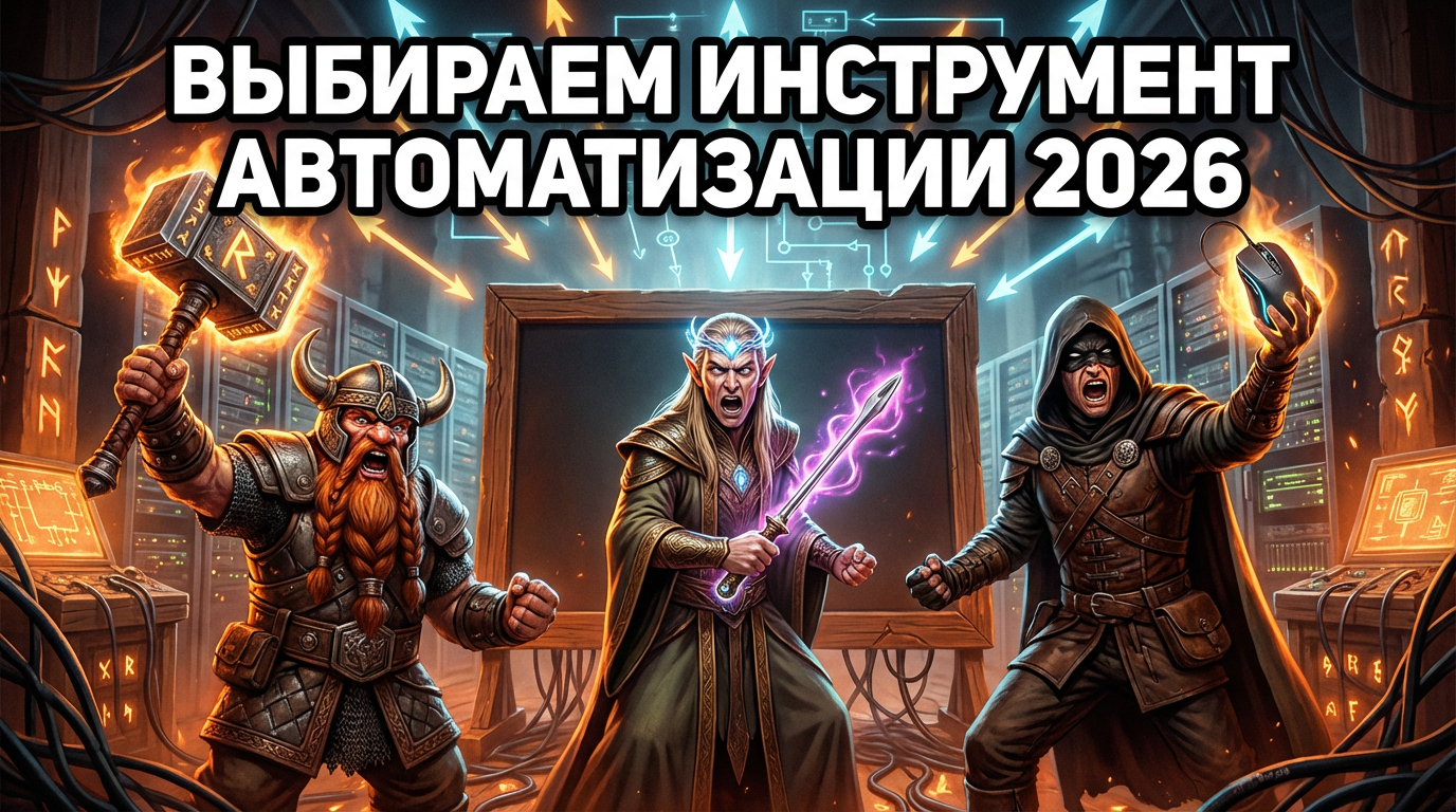 Три человека стоят перед большой доской с кучей стрелок и схем. Один держит молоток, другой - отвёртку, третий - мышку. Текст: