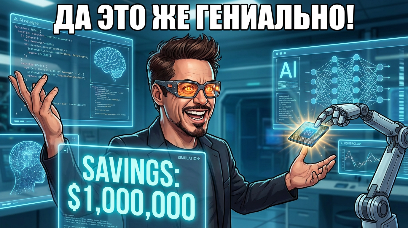 Человек с горящими глазами, который только что понял, как ИИ сэкономит ему миллион. Надпись: 