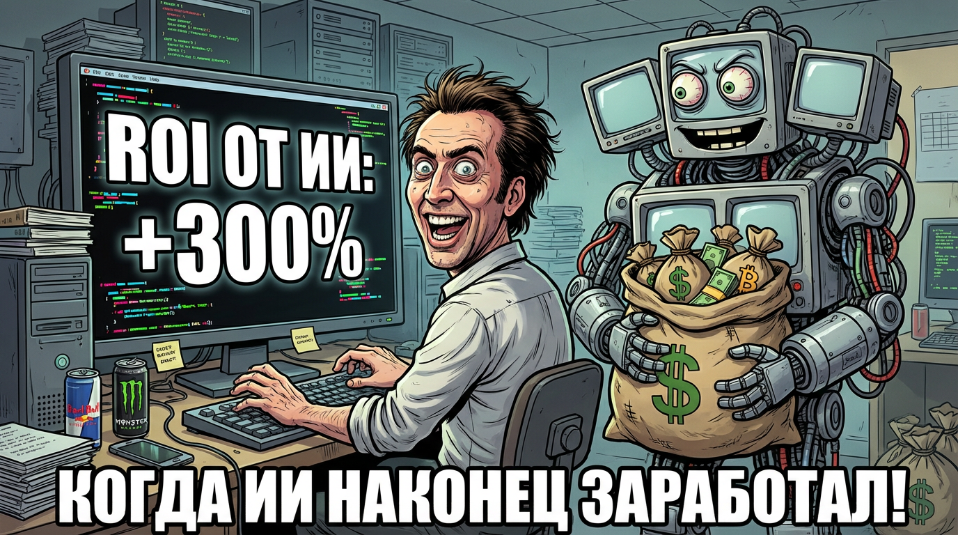 Человек в очках радостно смотрит на экран, где написано