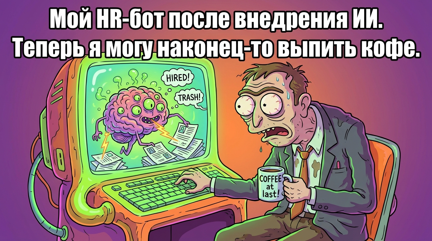 Человек в костюме сидит за компьютером, на экране нейросеть анализирует стопку резюме. Надпись: