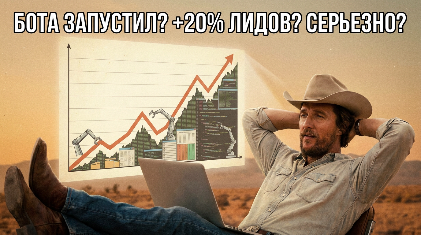 Человек с удивленным лицом смотрит на график, который резко идет вверх. Текст: 